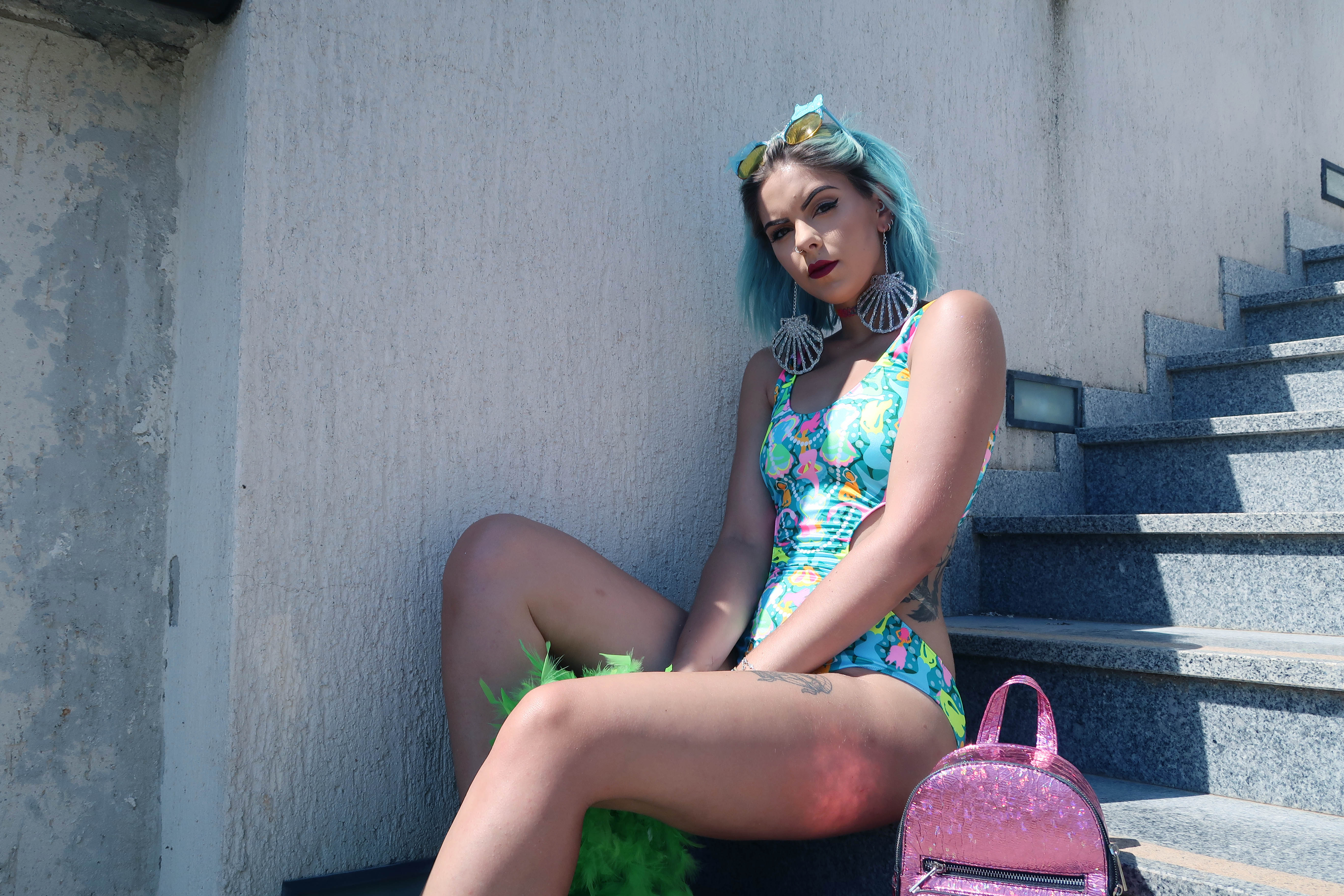 sophie hannah richardson wearing a mermaid print swimsuit