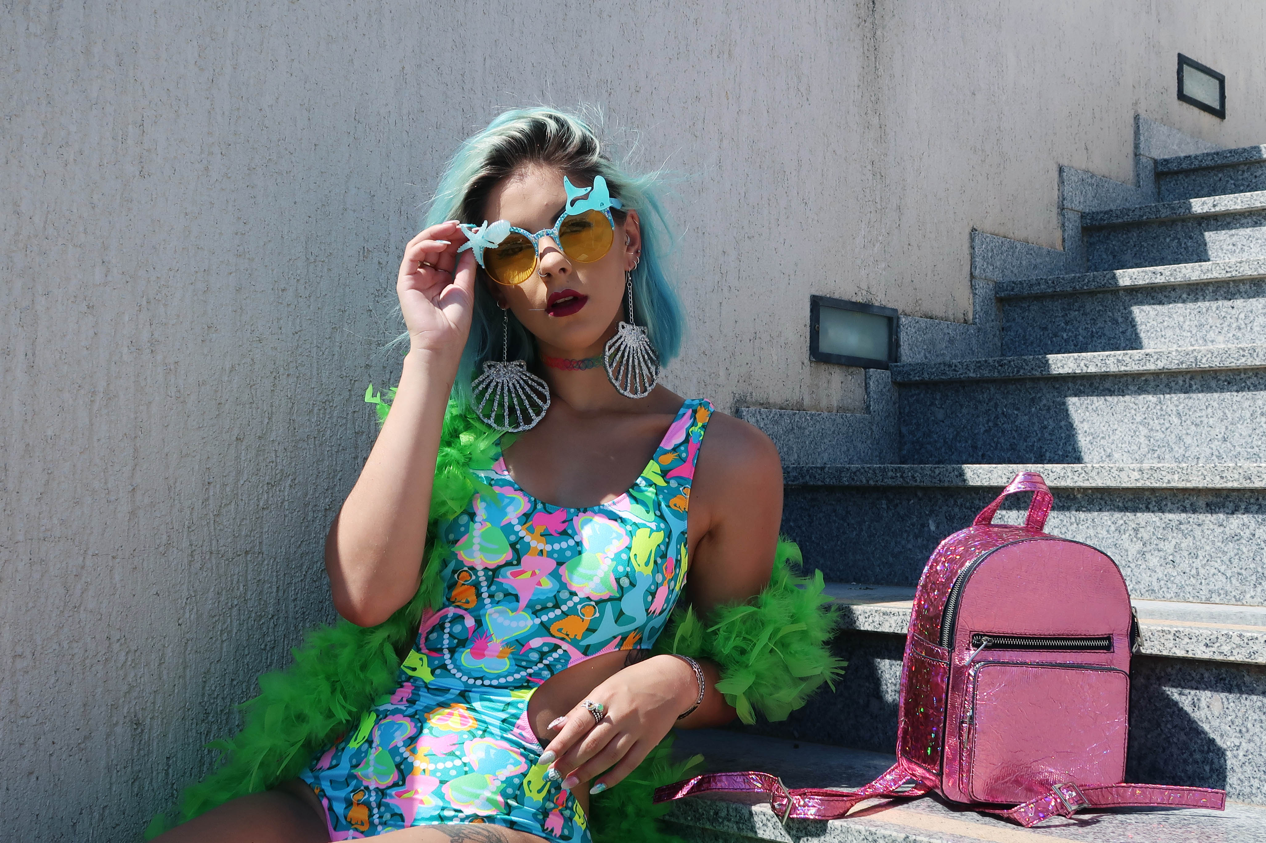 sophie hannah richardson wearing a mermaid print swimsuit