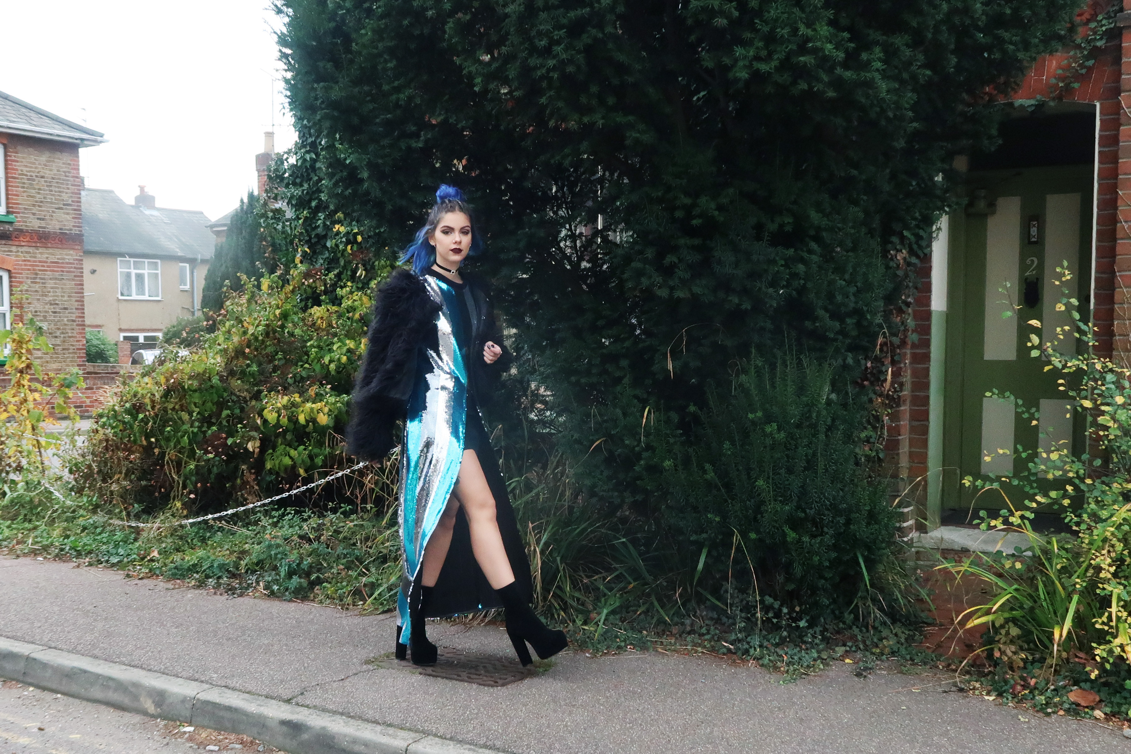 sophie hannah richardson wearing a sequin dress and fur coat