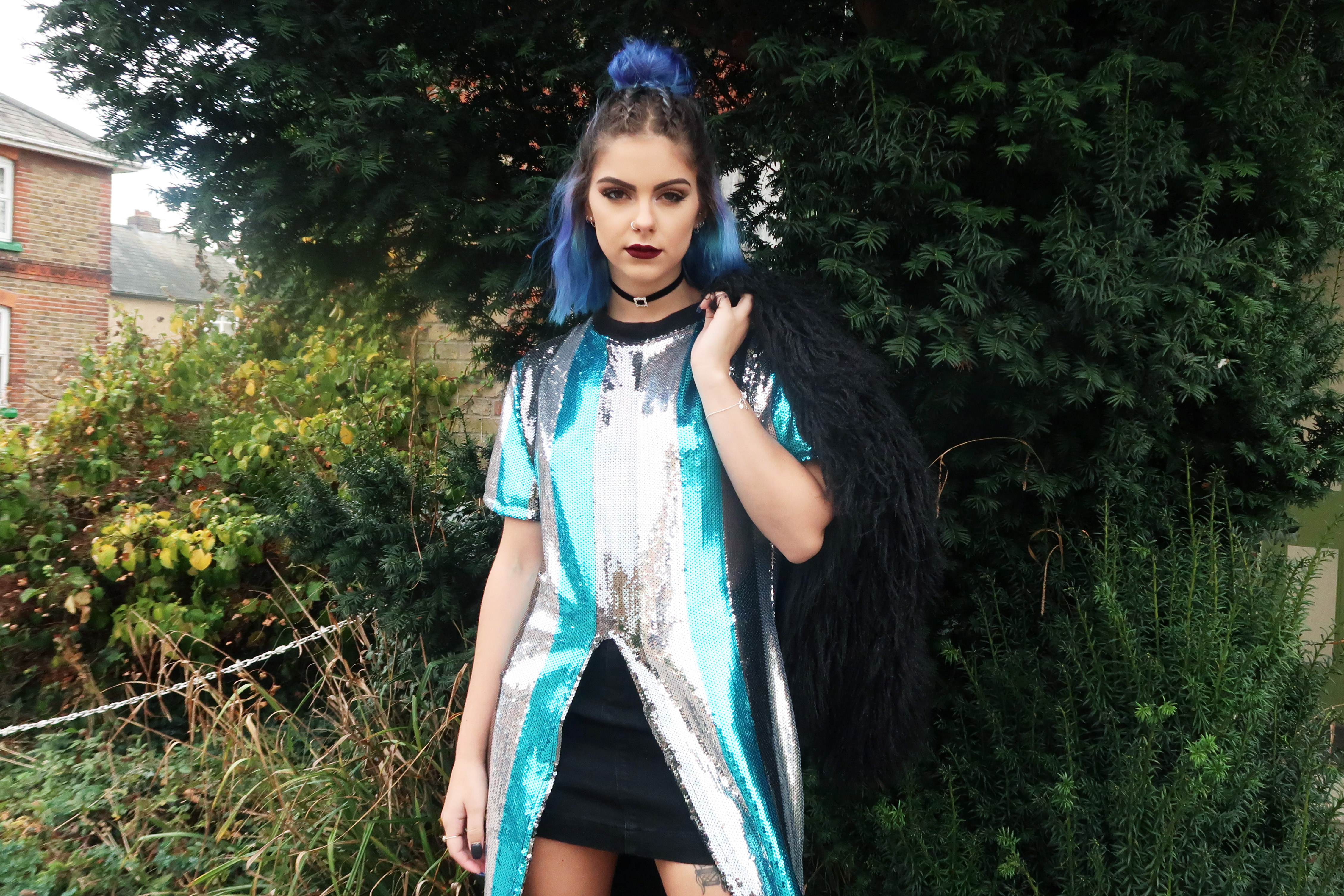 sophie hannah richardson wearing a sequin dress and fur coat