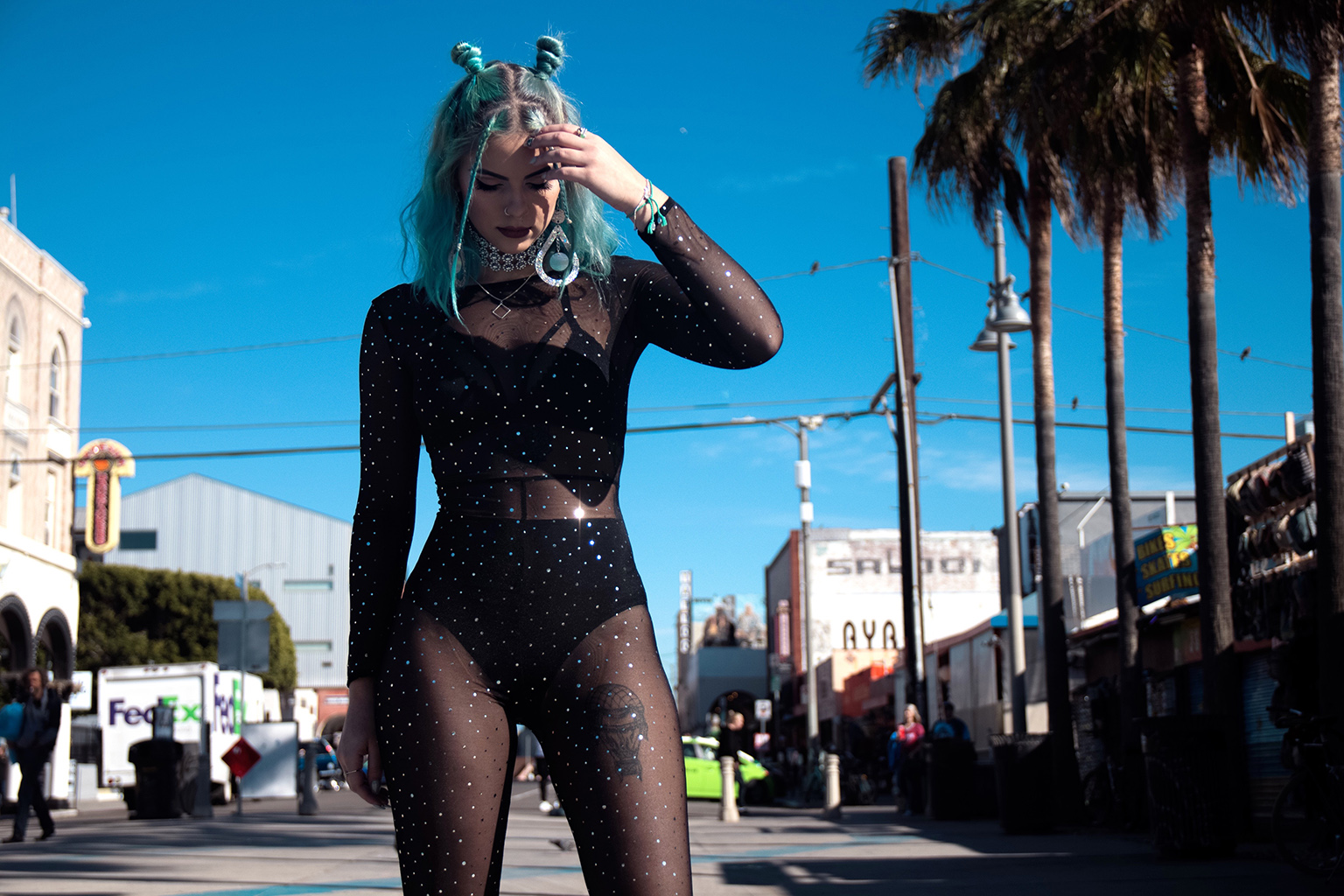 sophie hannah richardson wearing a mesh jumpsuit